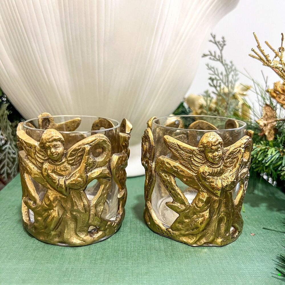 2 Andrea by Sadek Brass Angel Votive Candle Holder VINTAGE 3in Christmas Holiday